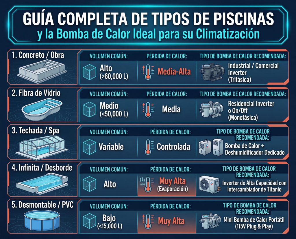 tabla con los tipos de piscinas