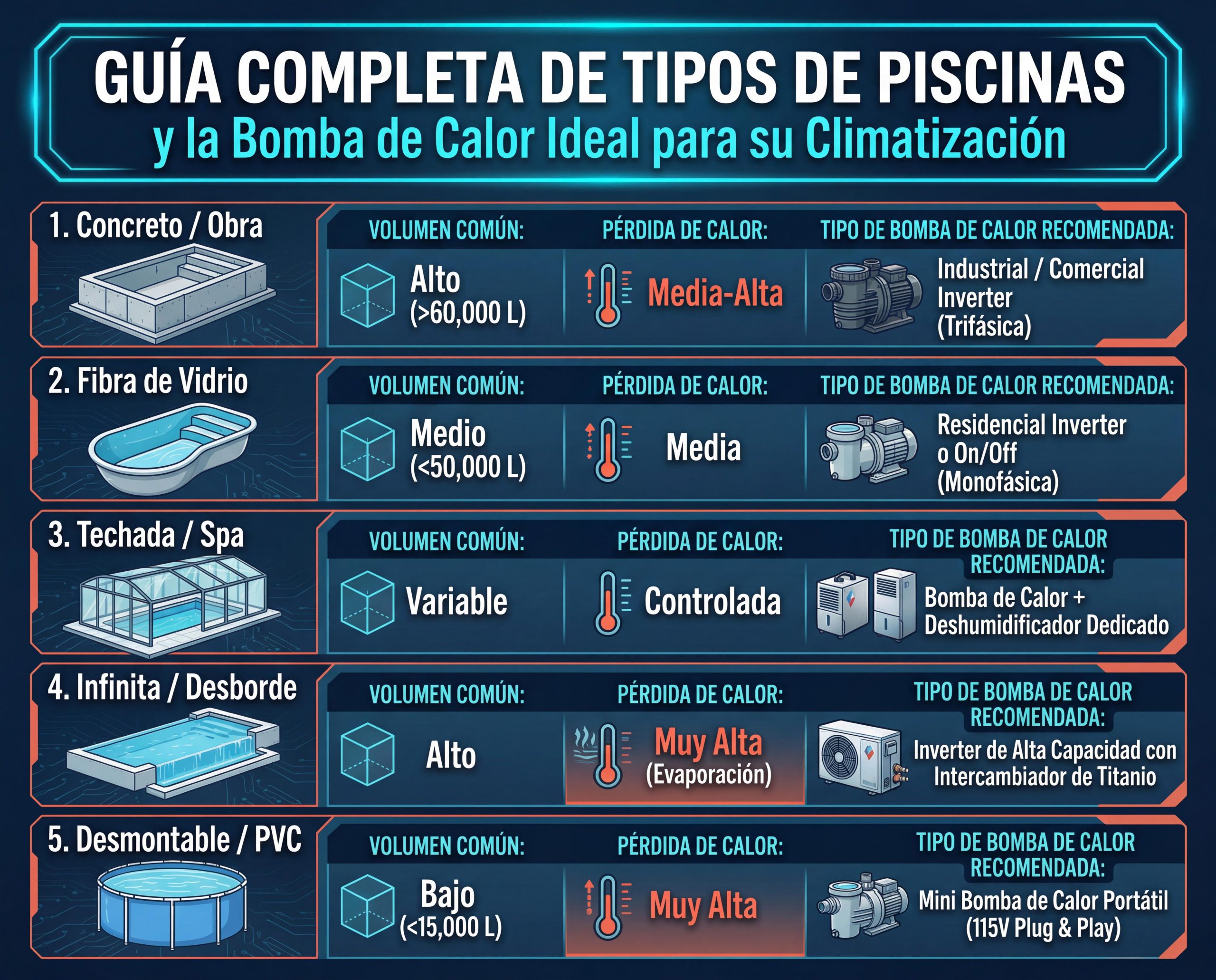 tabla con los tipos de piscinas